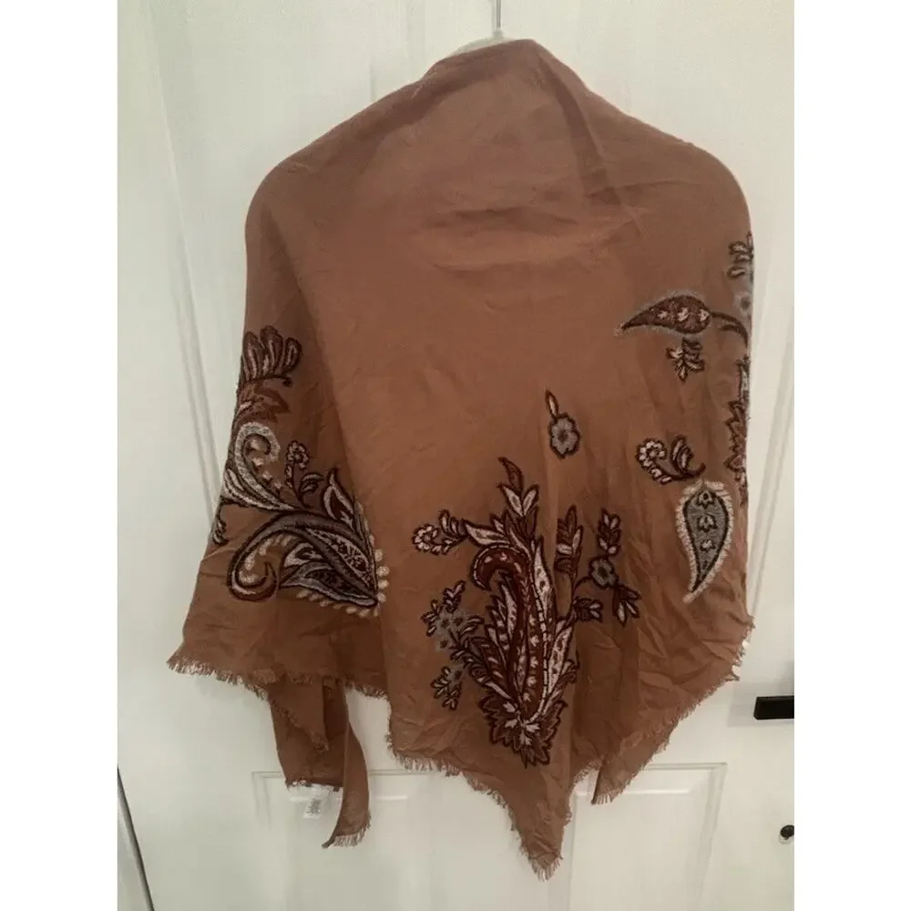 Embroidered Paisley Triangle Scarf Shawl Rust Brown Boho Fringe Modal Rayon Ctn